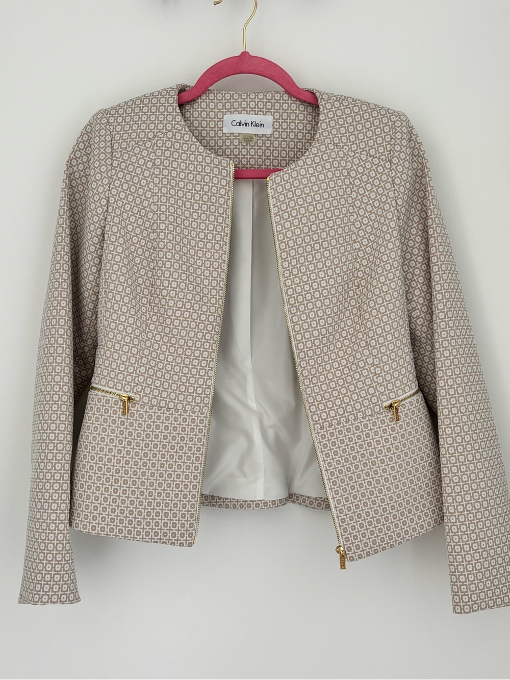 Calvin Klein Beige Geometric Collarless Jacket with Gold Zippers